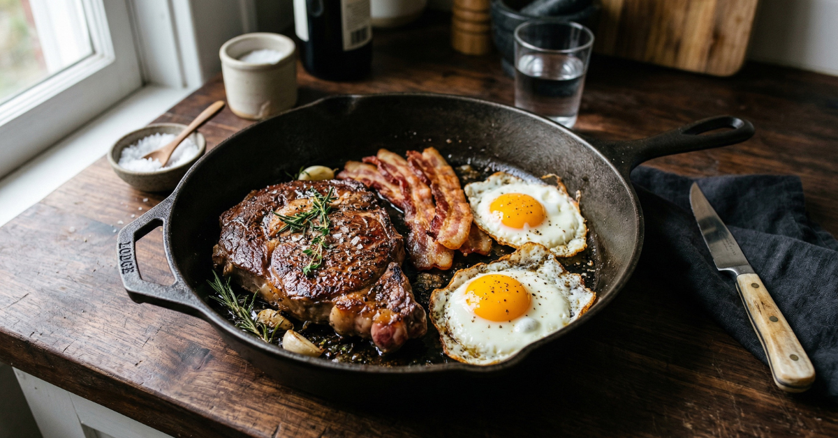 Cast iron skillet with seared ribeye steak alongside fried eggs and crispy bacon on a dark kitchen counter