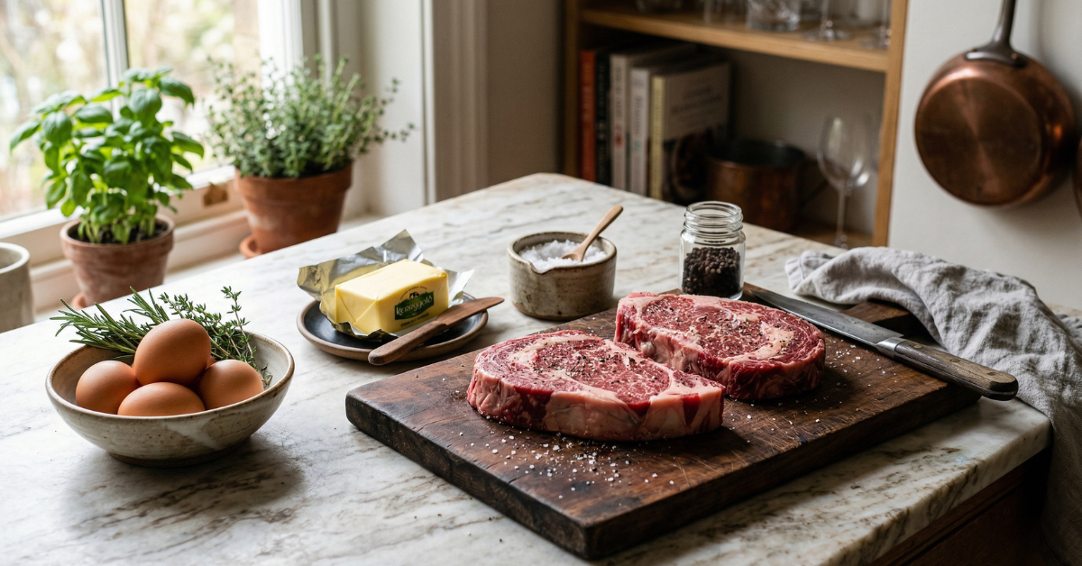 Kitchen counter with raw ribeye steaks, eggs, butter, and salt ready for meal prep