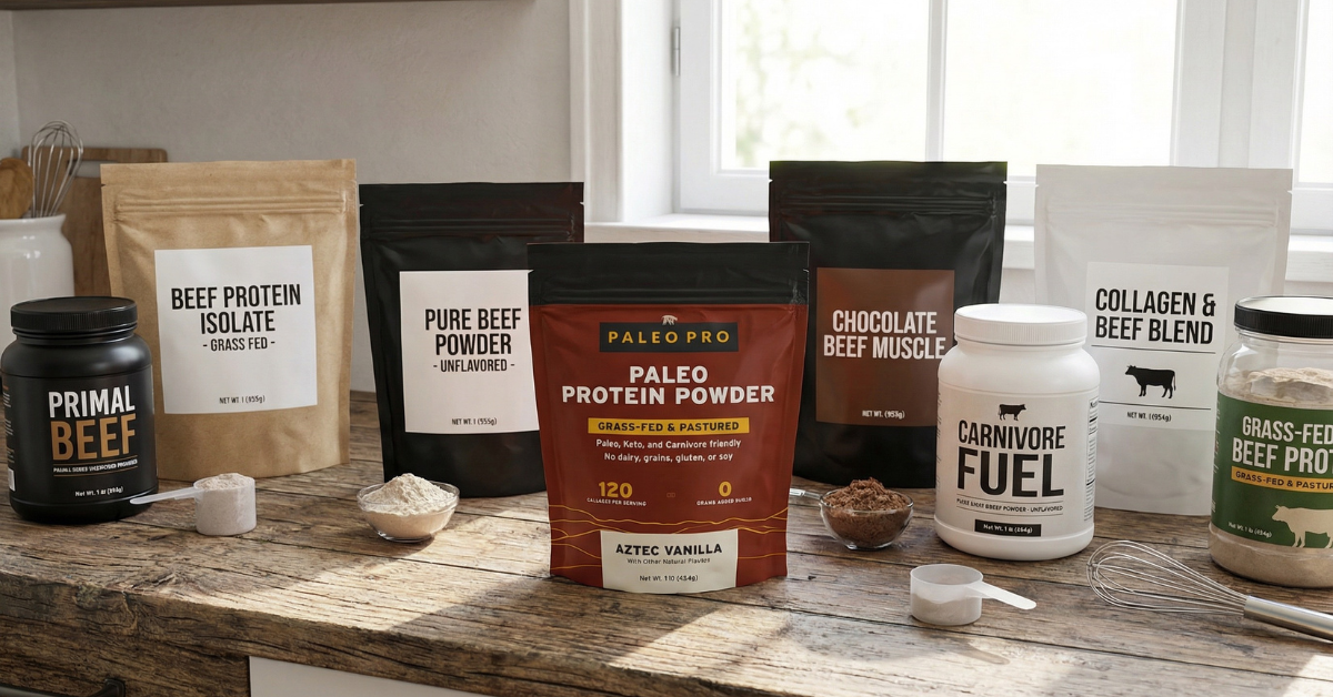 Multiple bags and tubs of beef protein powder arranged on a kitchen counter for comparison