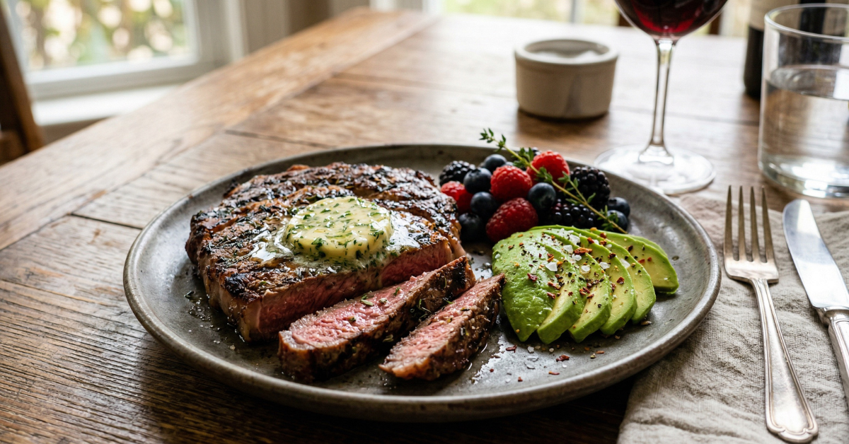 Plate of grilled steak with avocado slices, butter, and a small handful of berries on the side