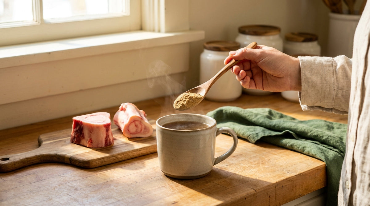 Spoonful of bone broth protein powder over a mug of warm broth, with raw beef bones on a cutting board