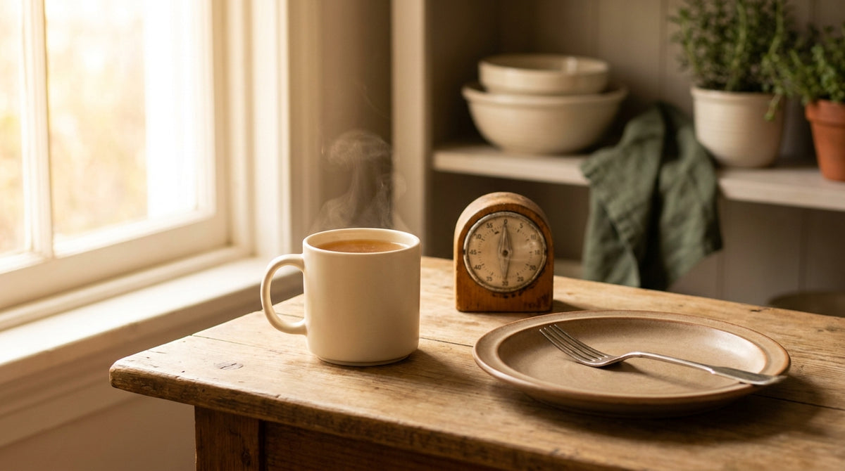 Steaming mug of bone broth next to a kitchen timer on a wooden table: does bone broth break a fast?