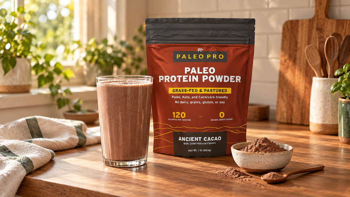 Ancient Cacao Paleo Protein beside a chocolate shake and cacao powder on a warm kitchen counter.