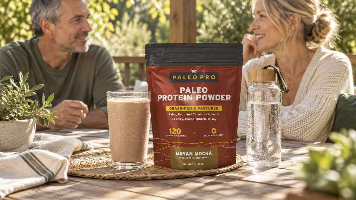 Mayan Mocha Paleo Protein and a chilled mocha-colored shake on a shaded patio table.