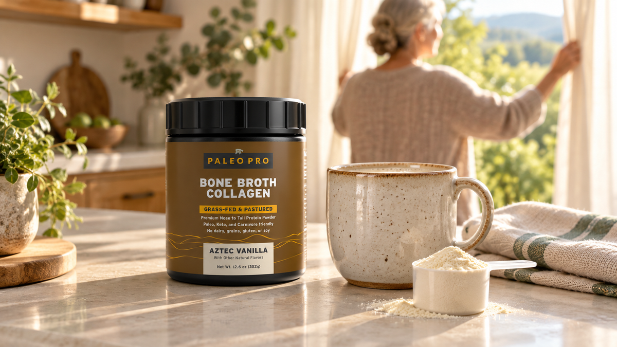 PaleoPro Bone Broth Collagen tub beside a creamy drink during a quiet morning at home.