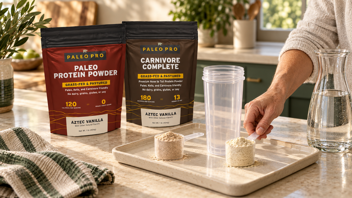 Two measured powder servings, a shaker and PaleoPro bags on a kitchen counter for comparing shake ingredients.