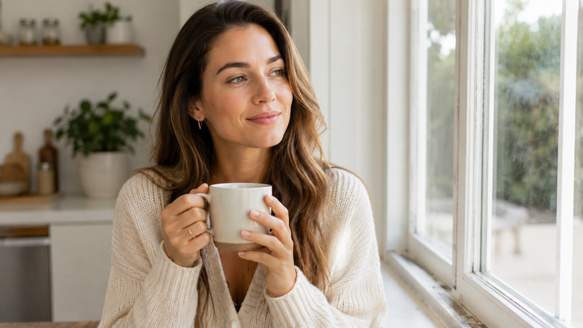 Woman with healthy skin and hair holding a mug of collagen coffee in soft natural light