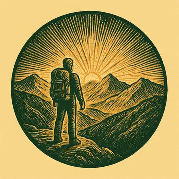 Engraving of a hiker on a mountain ridge at sunrise