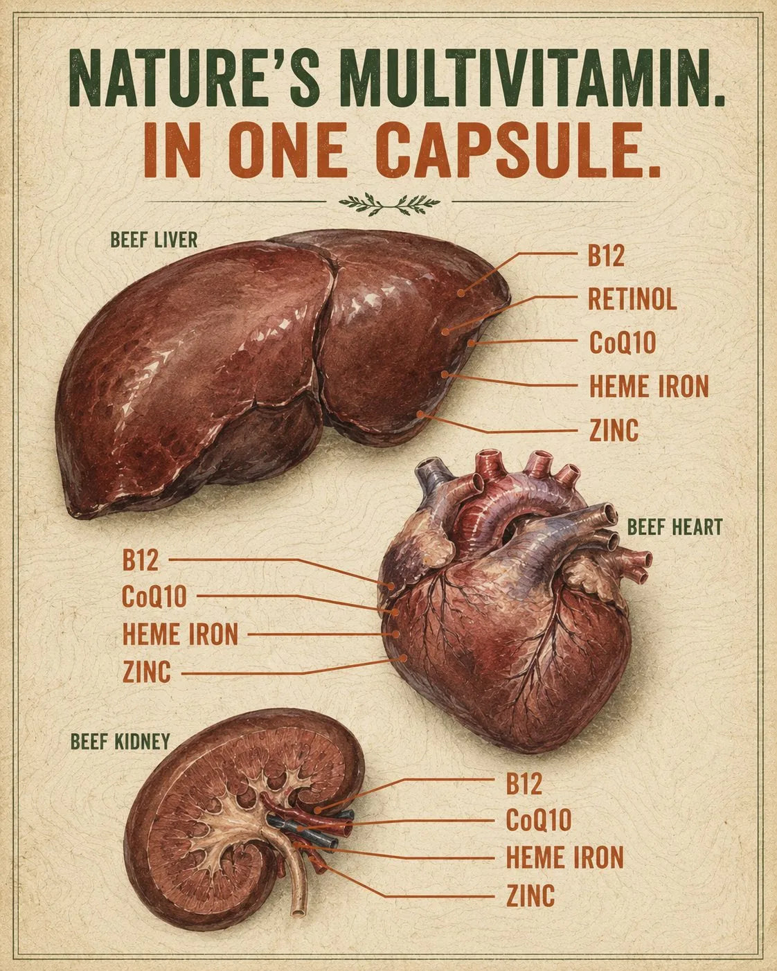 Vintage-style illustration of beef liver, heart, and kidney with their nutrients
