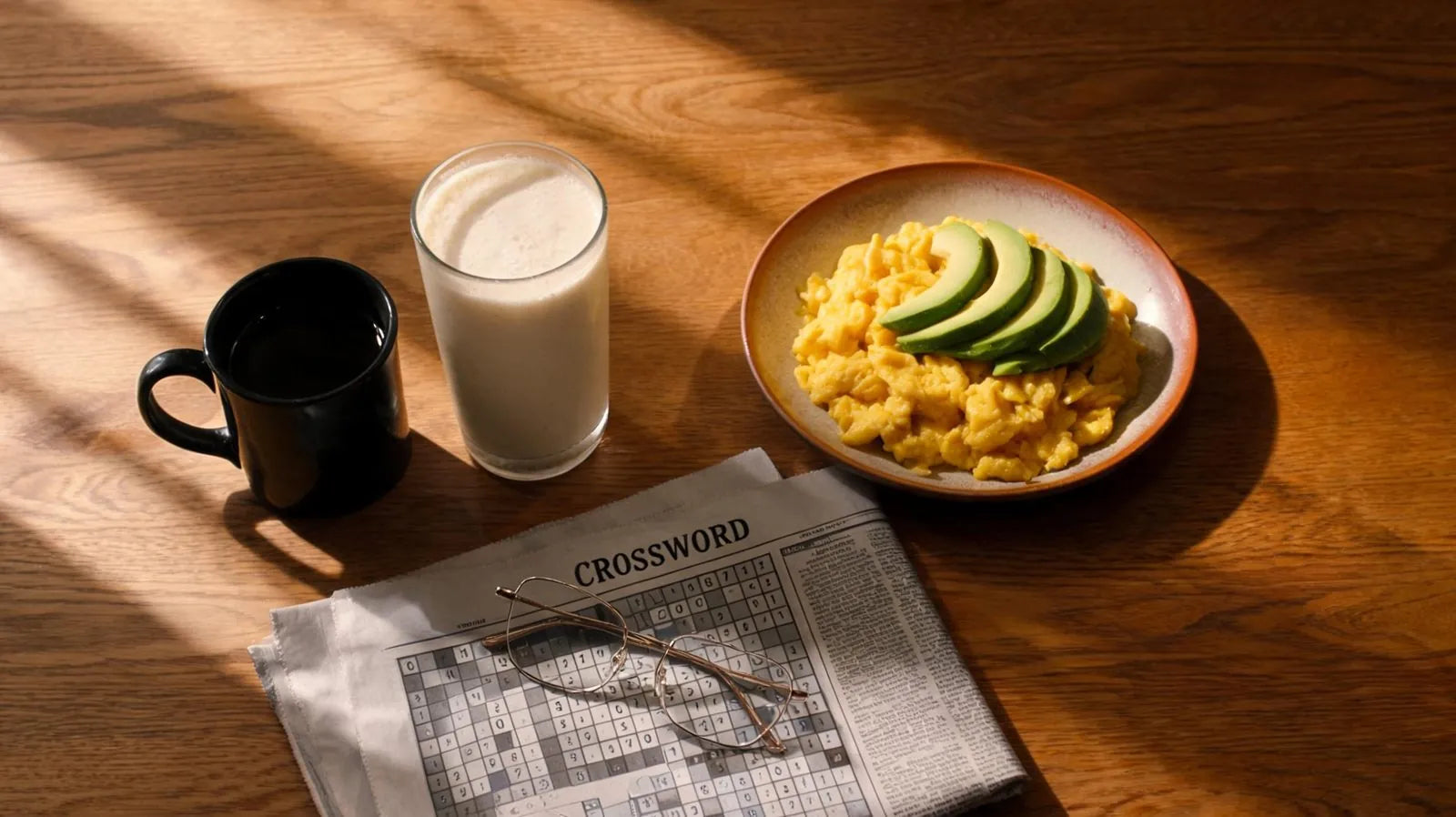 A real-food breakfast: eggs, milk, and coffee on a wooden table