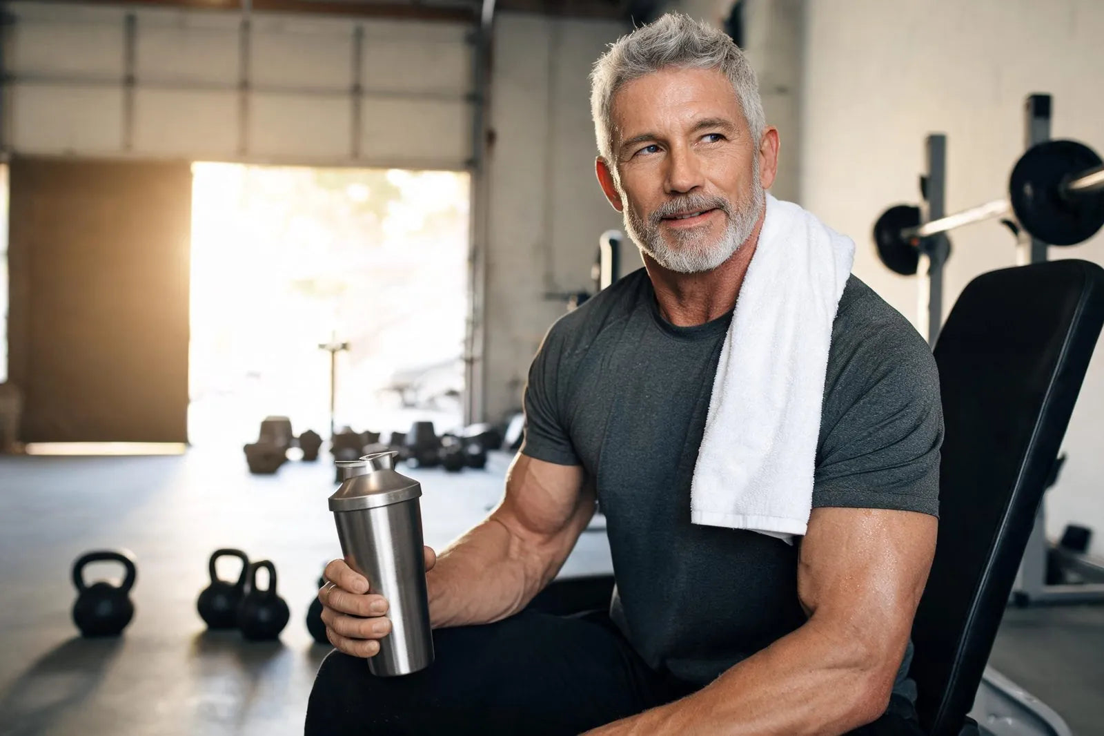 Man with a shaker after a garage workout