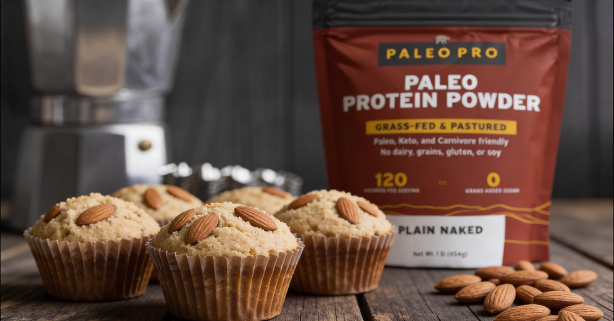 Grain-free almond flour protein muffins with whole almonds and PaleoPro protein powder