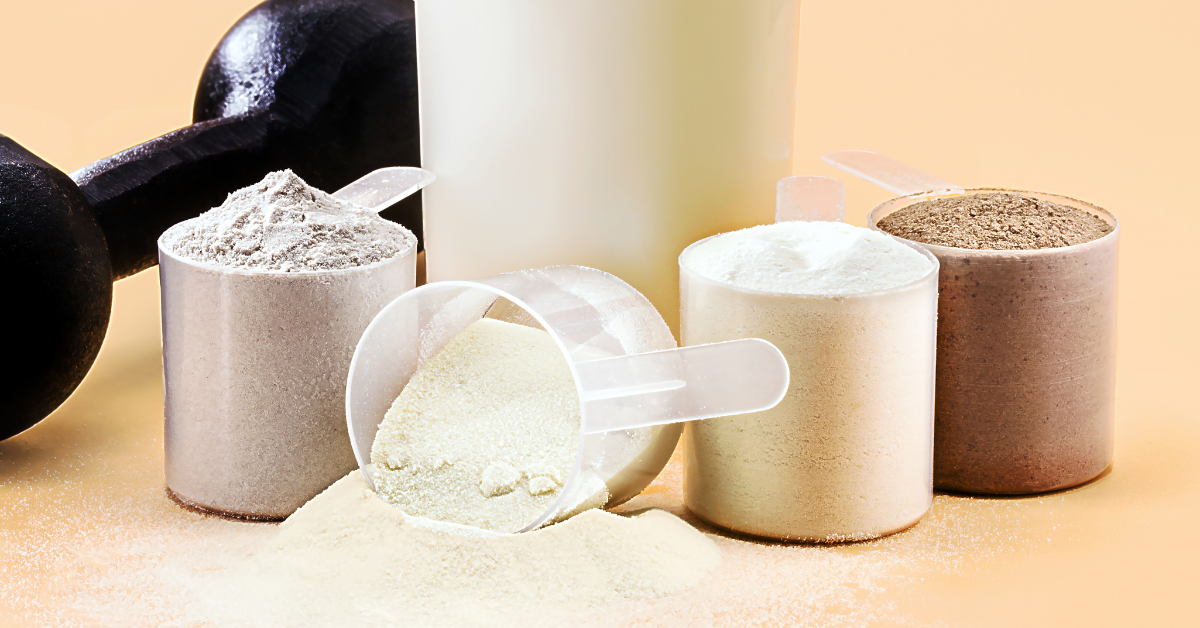 Array of different protein powder types and containers showing lactose-free options