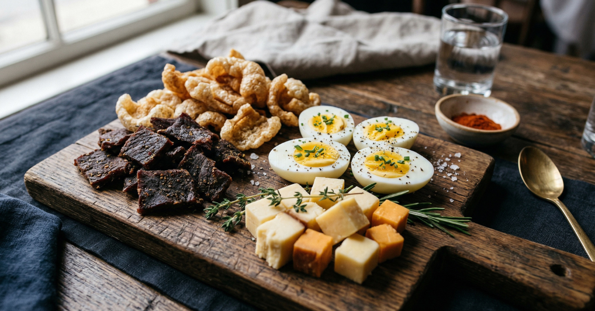 Assortment of beef jerky, pork rinds, hard-boiled eggs, and cheese cubes arranged on a wooden board