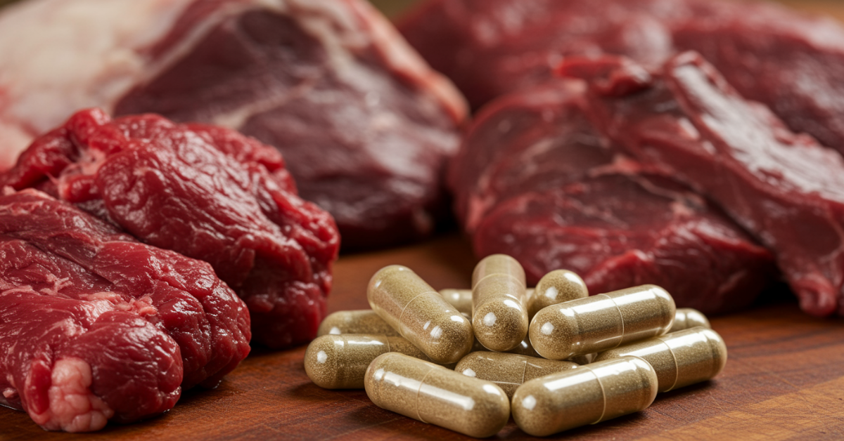 Assortment of freeze-dried beef organ supplement capsules next to fresh organ meats on a butcher's block