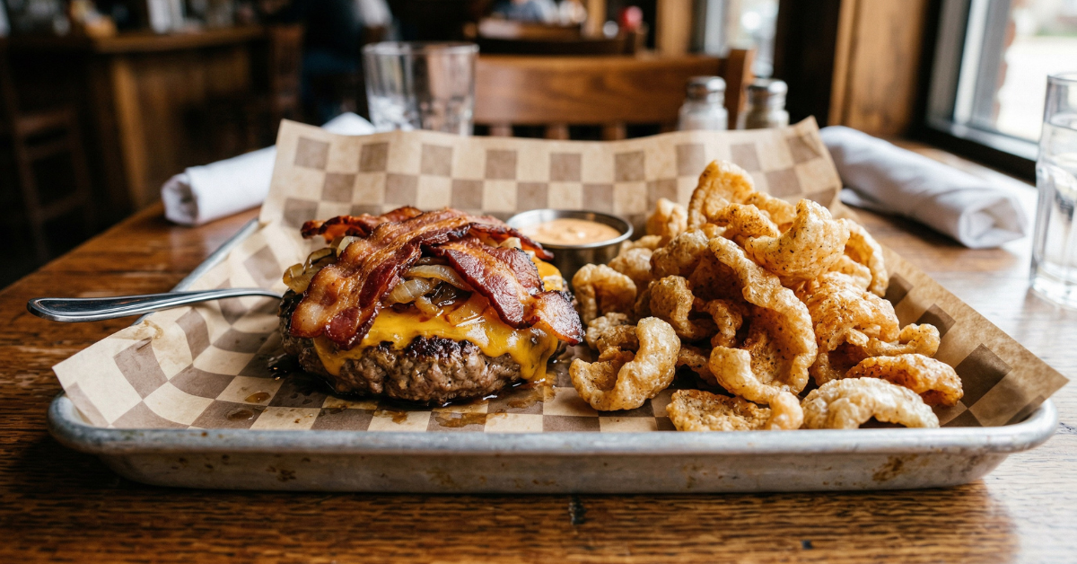 Bacon cheeseburger without the bun next to a pile of pork rinds on a paper-lined tray