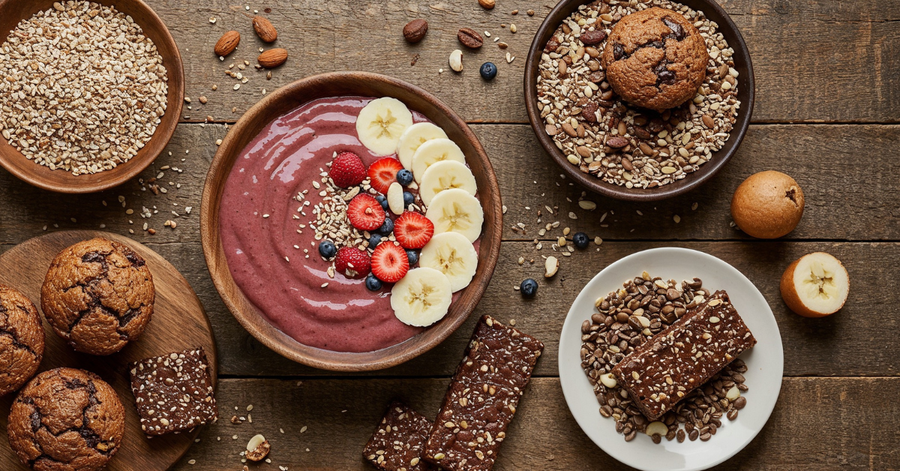 Spread of protein-rich foods including a smoothie bowl, muffins, and protein bars on a rustic table