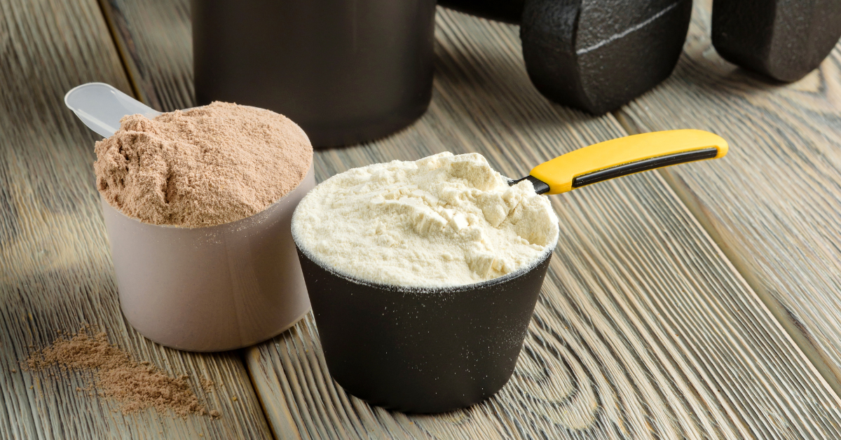 Two scoops of protein powder side by side comparing beef protein and whey protein