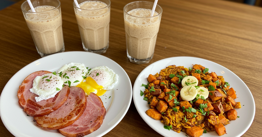 High-protein paleo breakfast spread with scrambled eggs, sausage, sweet potato hash, and a protein shake