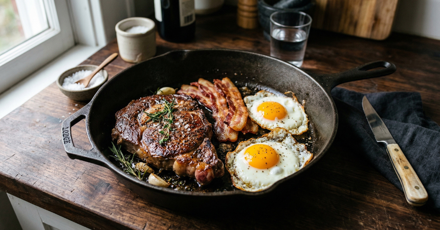 Cast iron skillet with seared ribeye steak alongside fried eggs and crispy bacon on a dark kitchen counter