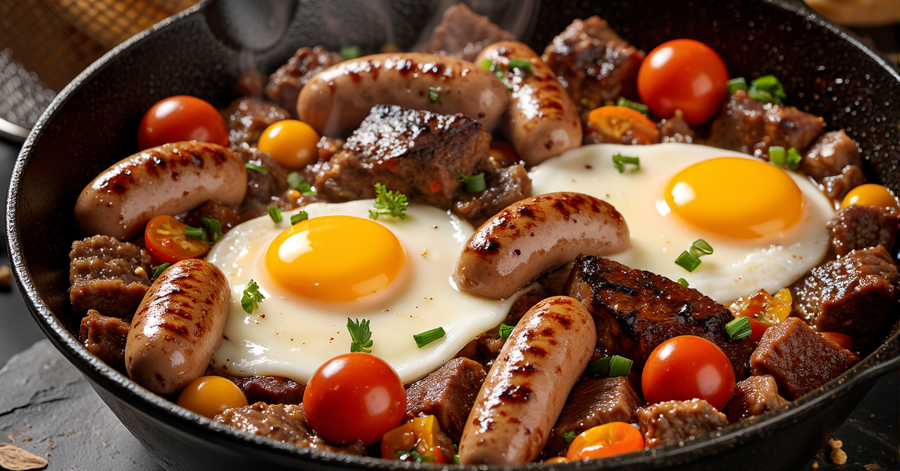 Cast iron skillet with sizzling bacon, fried eggs, and sausage patties on a kitchen stovetop