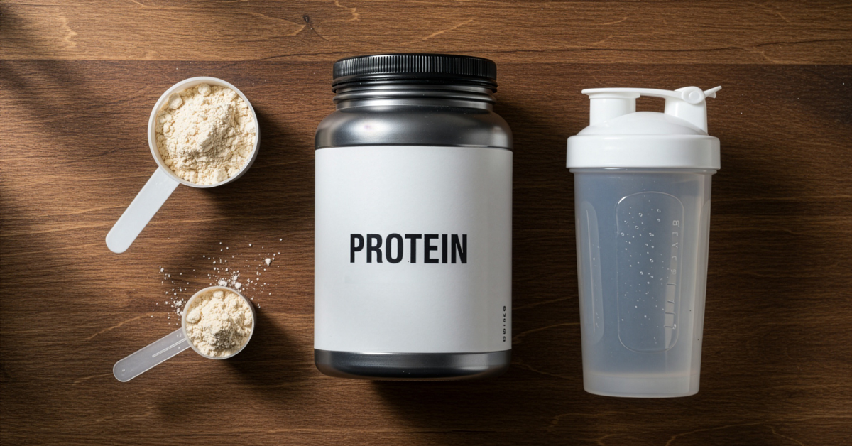 Flat lay of a protein powder container, scoop, and shaker bottle on a countertop