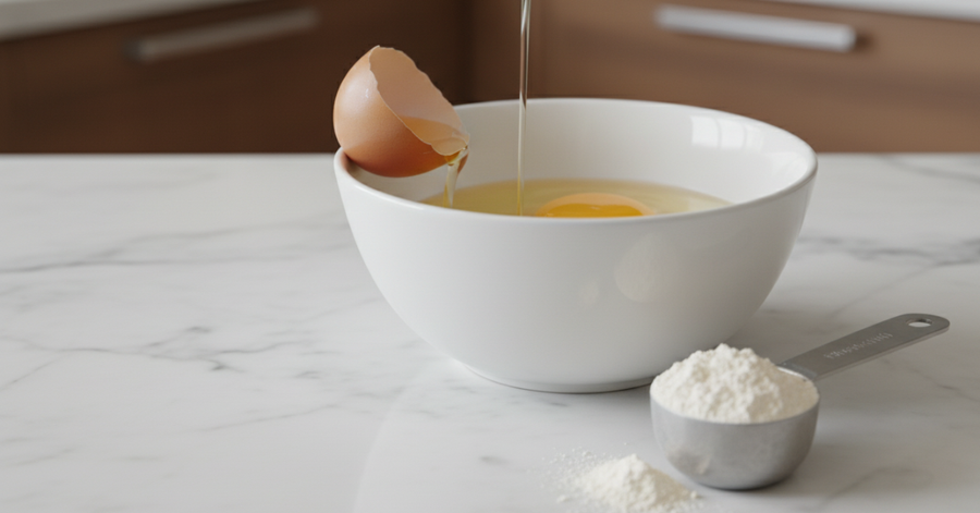 Cracked egg with separated white flowing into a bowl next to a scoop of protein powder on a marble countertop