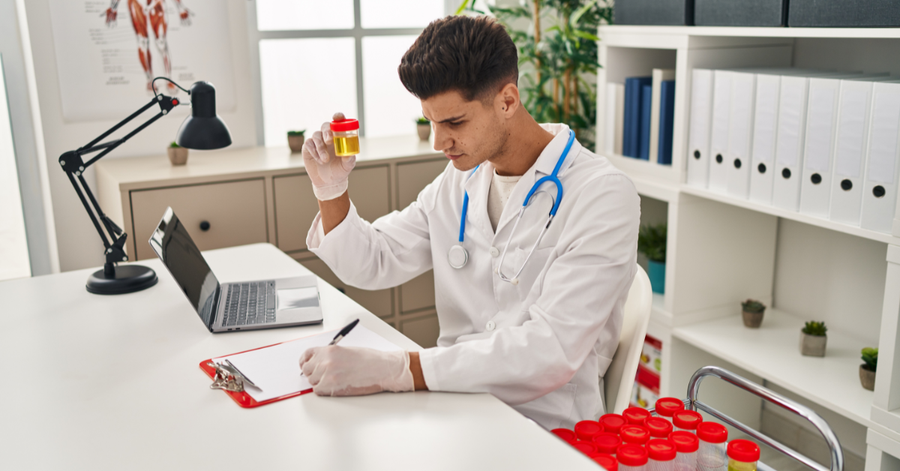 Doctor reviewing cholesterol blood test results with a clipboard in a clean medical office
