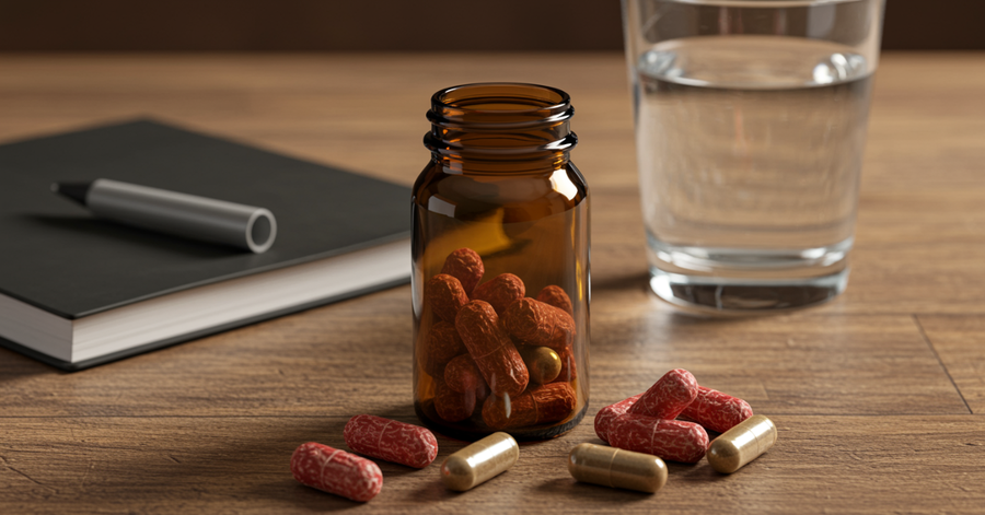 Freeze-dried beef testicle supplement capsules on a wooden surface next to a glass of water and a notebook