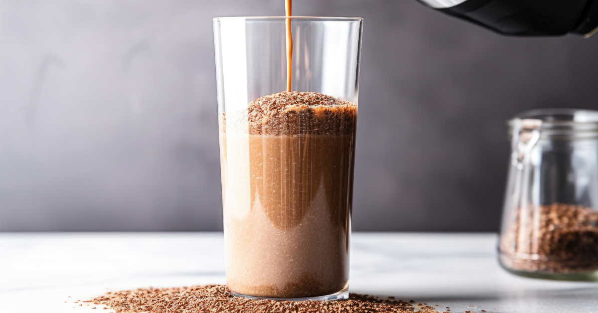 Frothy protein coffee being blended with beef protein powder in a glass mug