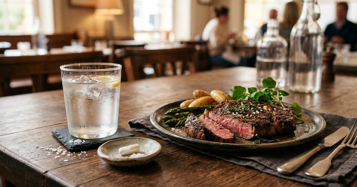 Glass of water with salt and a magnesium supplement capsule next to a plate of steak