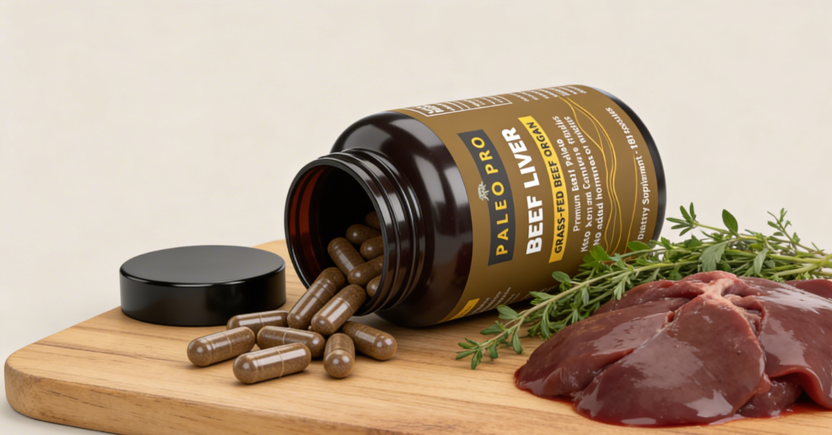 Grass-fed beef liver capsules spilling from an open bottle onto a wooden cutting board next to fresh herbs and raw liver