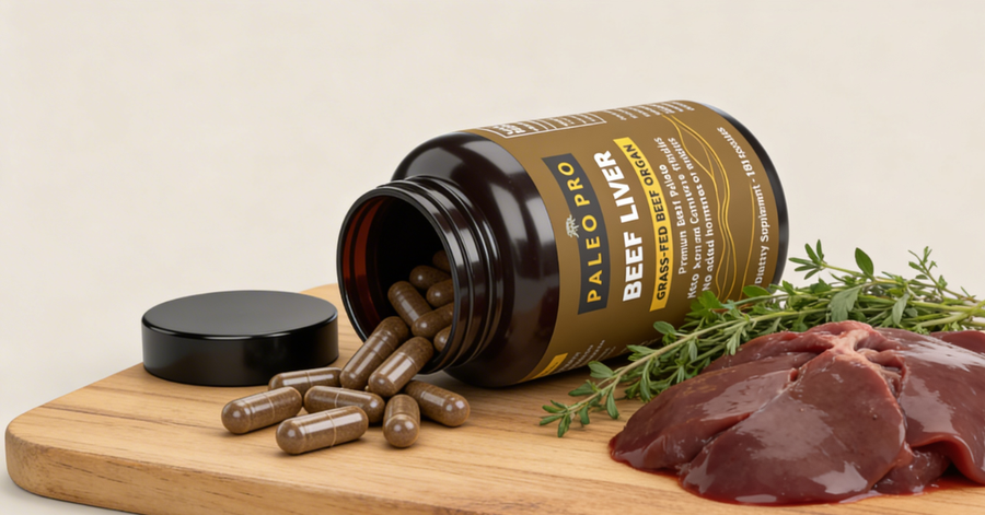 Grass-fed beef liver capsules spilling from an open bottle onto a wooden cutting board next to fresh herbs and raw liver