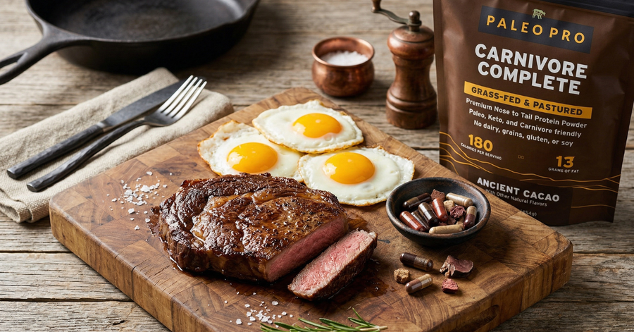 Grass-fed ribeye steak, eggs, and beef organ supplements arranged on a wooden cutting board