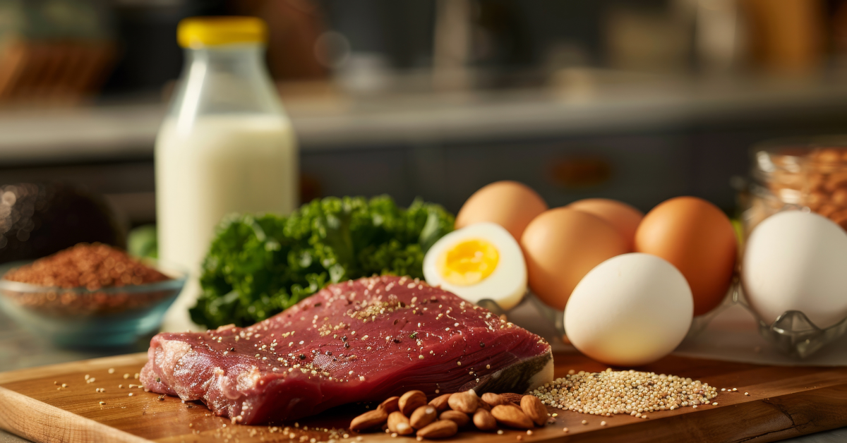 Grass-fed steak, eggs, and a scoop of protein powder arranged on a wooden cutting board with fresh vegetables