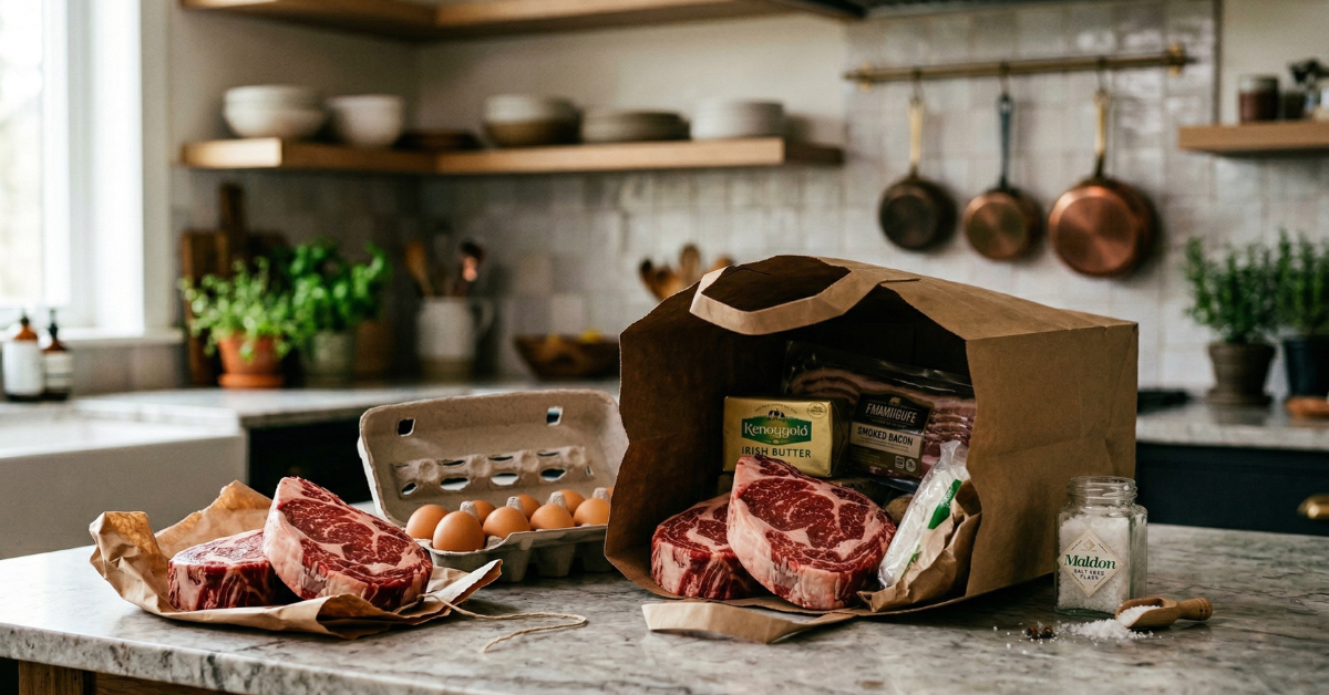 Grocery bag filled with raw steaks, eggs, bacon, butter, and salt on a kitchen counter