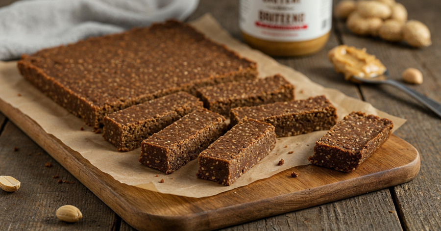Homemade peanut butter protein bars sliced on parchment paper with a jar of peanut butter nearby