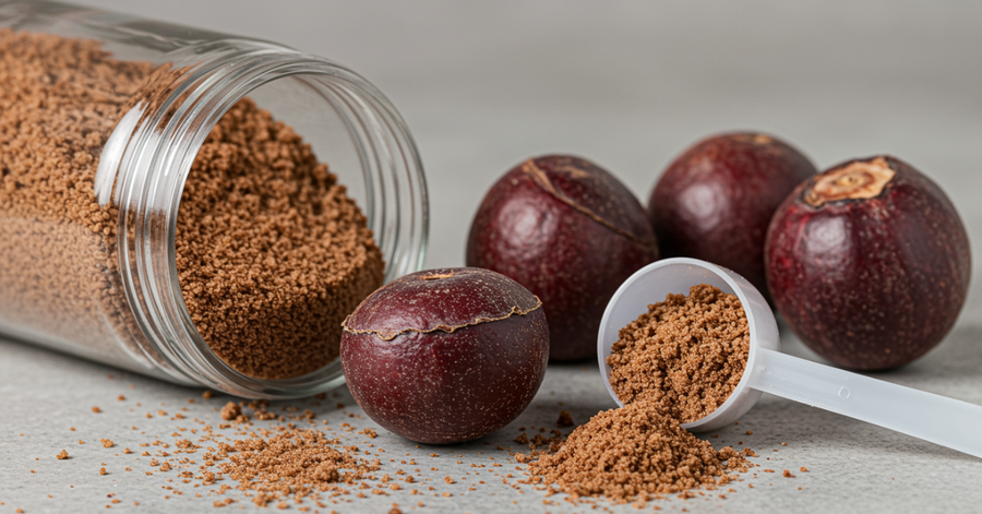 Monk fruit and a scoop of sugar-free protein powder on a clean white background