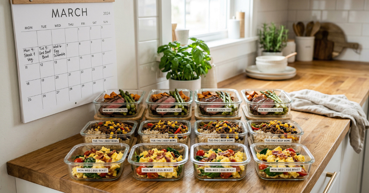 Monthly calendar with meal prep containers of steak, eggs, and ground beef organized on a counter