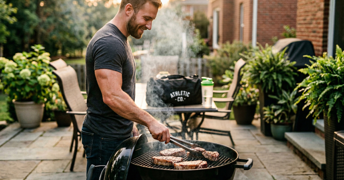 Muscular person grilling steaks on a barbecue with a gym bag and protein shaker visible in the background