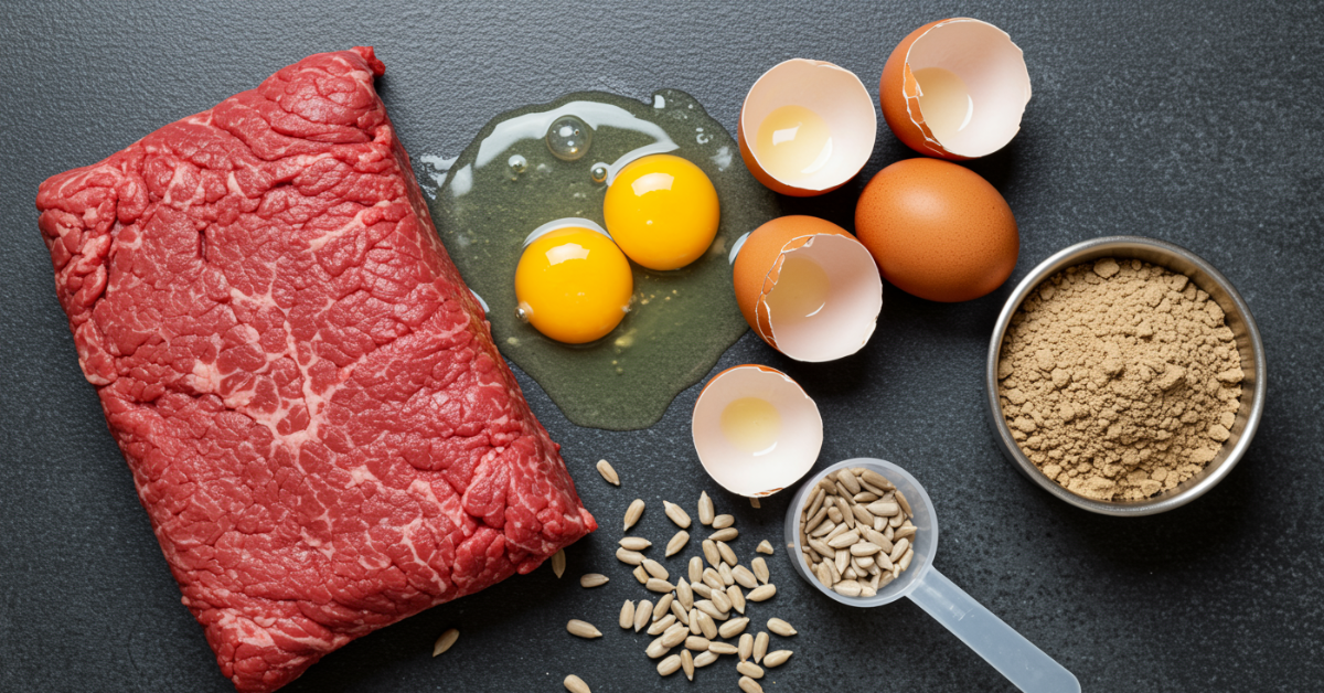 Overhead view of simple whole food ingredients — beef, eggs, monk fruit, and sunflower seeds — next to a protein powder scoop