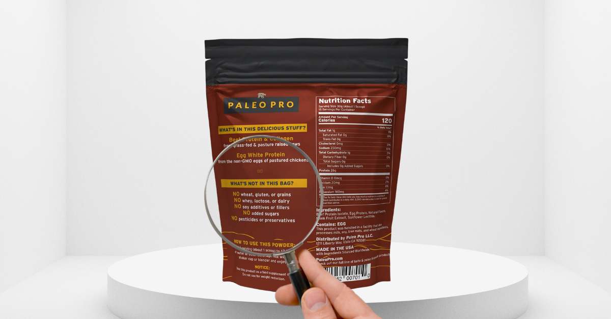 PaleoPro gluten-free protein powder tub with a scoop of beef protein isolate