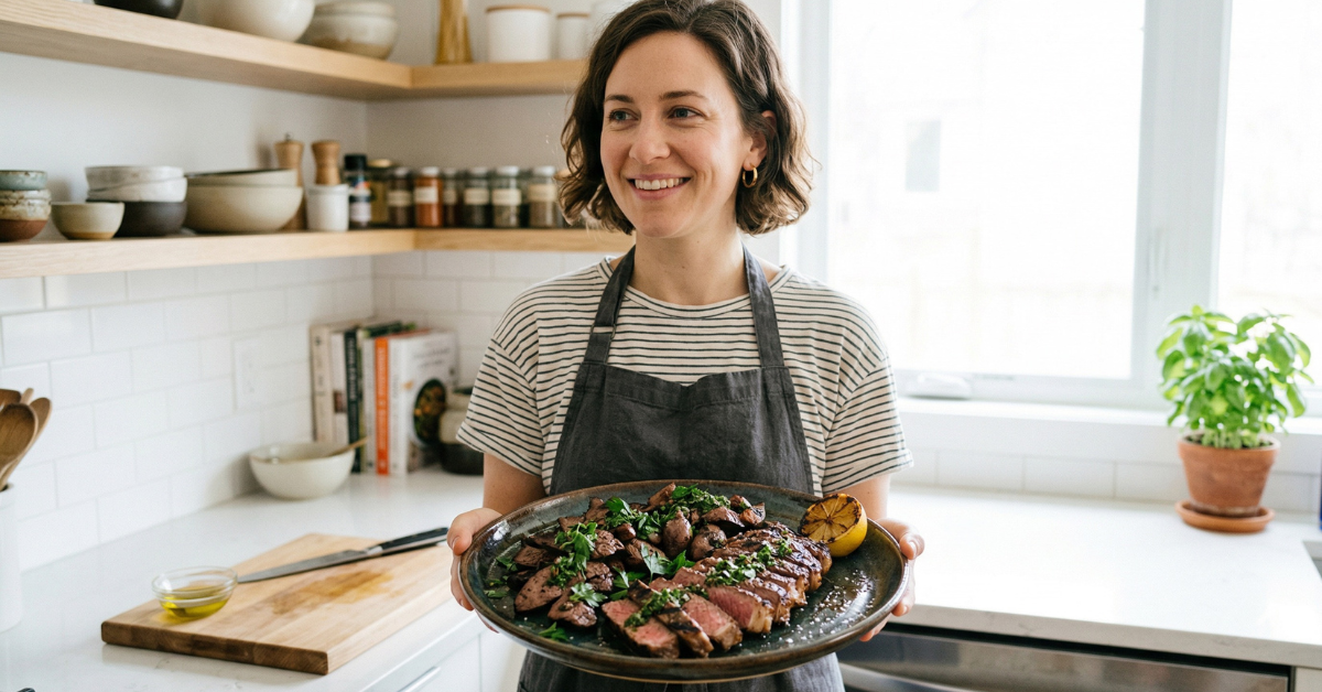 Person holding a plate of grilled steak and organ meats in a bright, clean kitchen setting