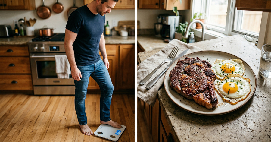 Person stepping on a bathroom scale next to a plate of seasoned ribeye steak and eggs on a kitchen counter