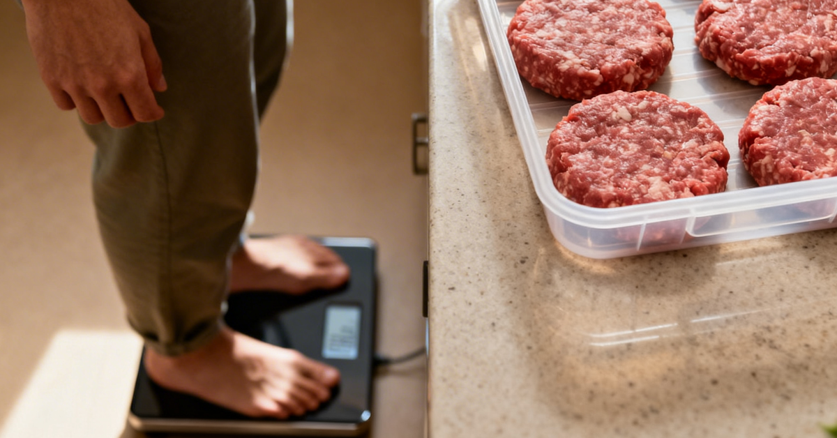 Person stepping on a bathroom scale with a meal-prepped container of ground beef patties in the background
