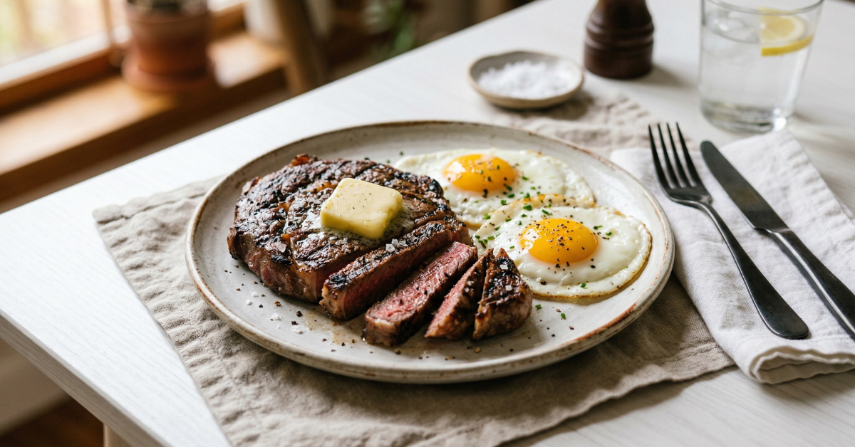 Plate of grilled steak, eggs, and butter on a clean white table with simple salt and pepper seasoning