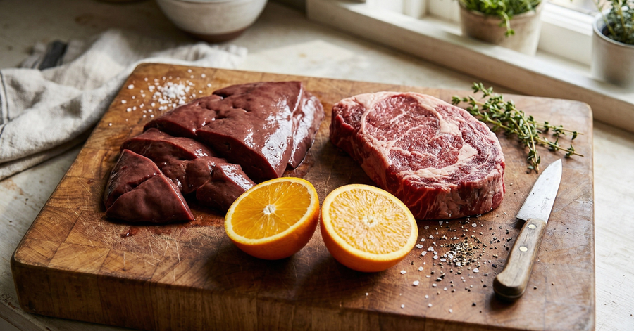 Raw beef liver and fresh steak on a butcher block cutting board with a halved orange for size comparison