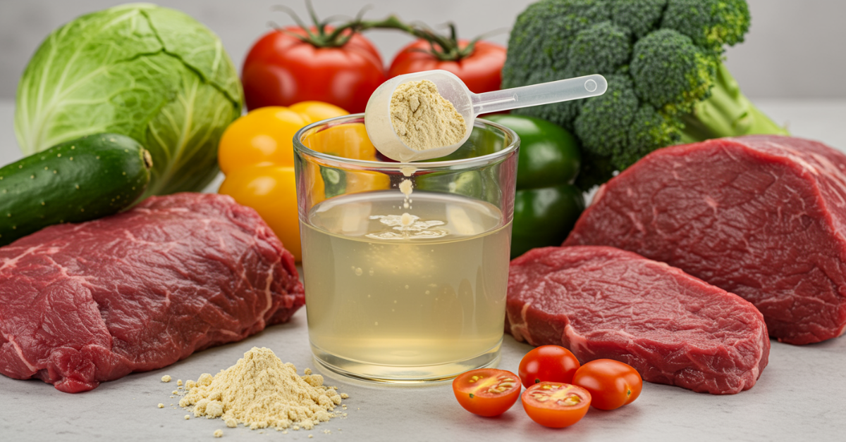 Scoop of bone broth collagen powder dissolving in warm water next to fresh vegetables and grass-fed beef on a clean kitchen counter