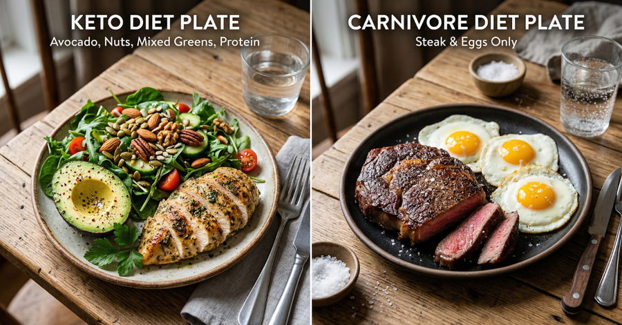 Split comparison of a keto plate with avocado and nuts versus a carnivore plate with steak and eggs