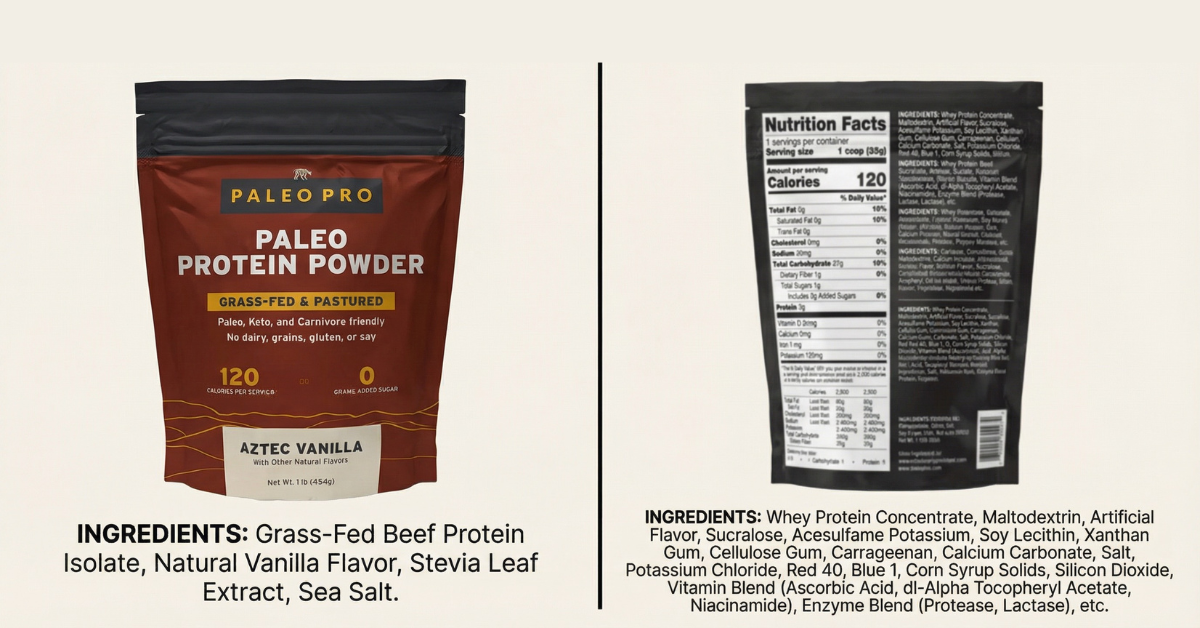 Split image comparing a clean protein powder label with four ingredients next to a conventional label with twenty-plus ingredients